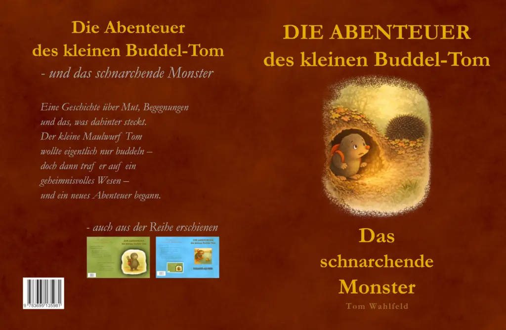 Cover des Kinderbuchs „Das schnarchende Monster“ aus der Reihe Die Abenteuer des kleinen Buddel-Tom. Buddel-Tom in einem Laubbau, draußen ein Igel.